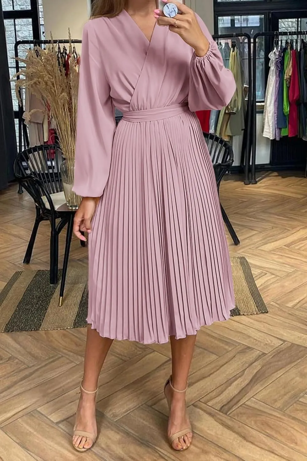 PRETTYGARDEN Women's Spring Midi Dress Long Puff Sleeve Wrap V Neck Flowy Ruffle Pleated Casual Fall Dresses