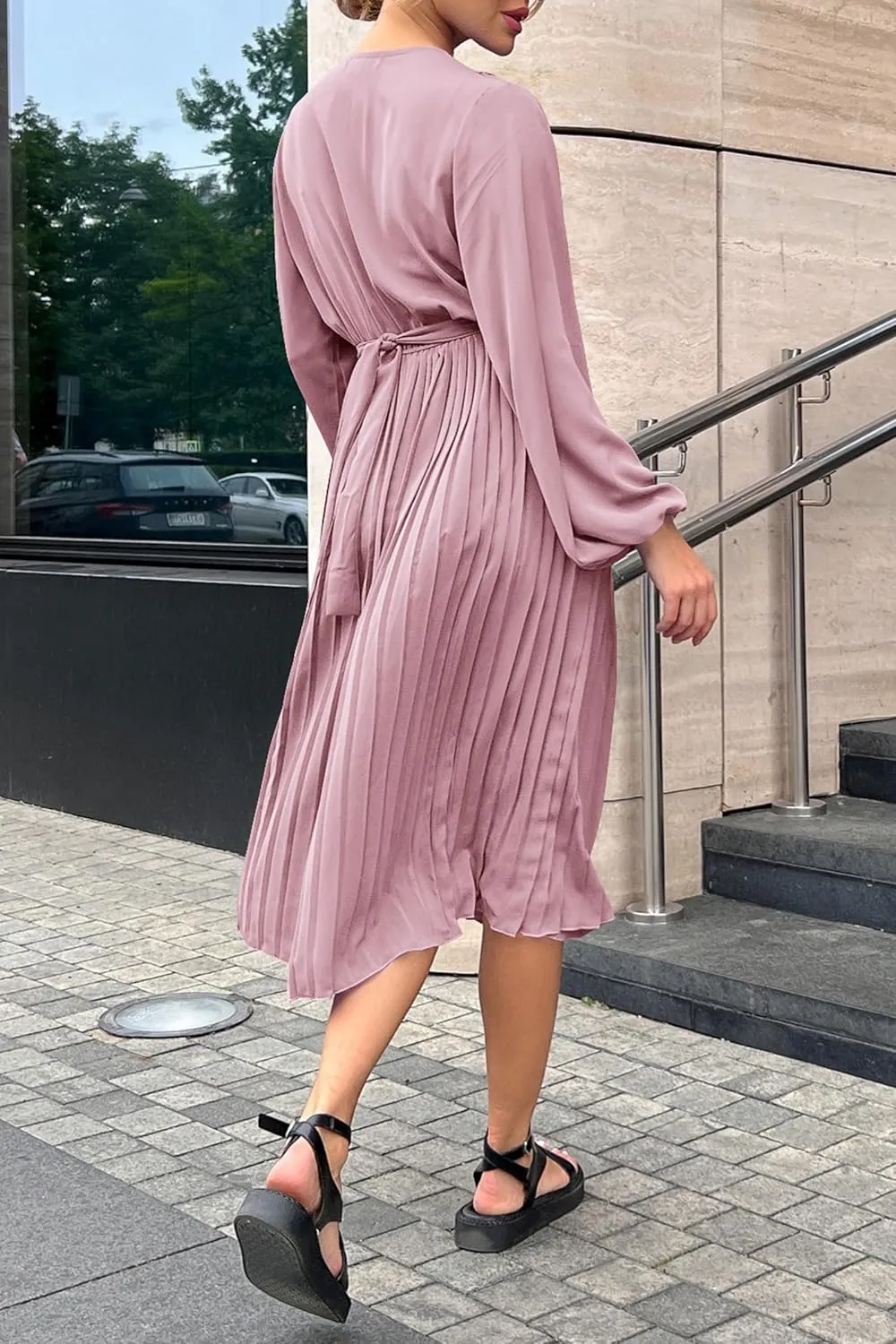 PRETTYGARDEN Women's Spring Midi Dress Long Puff Sleeve Wrap V Neck Flowy Ruffle Pleated Casual Fall Dresses