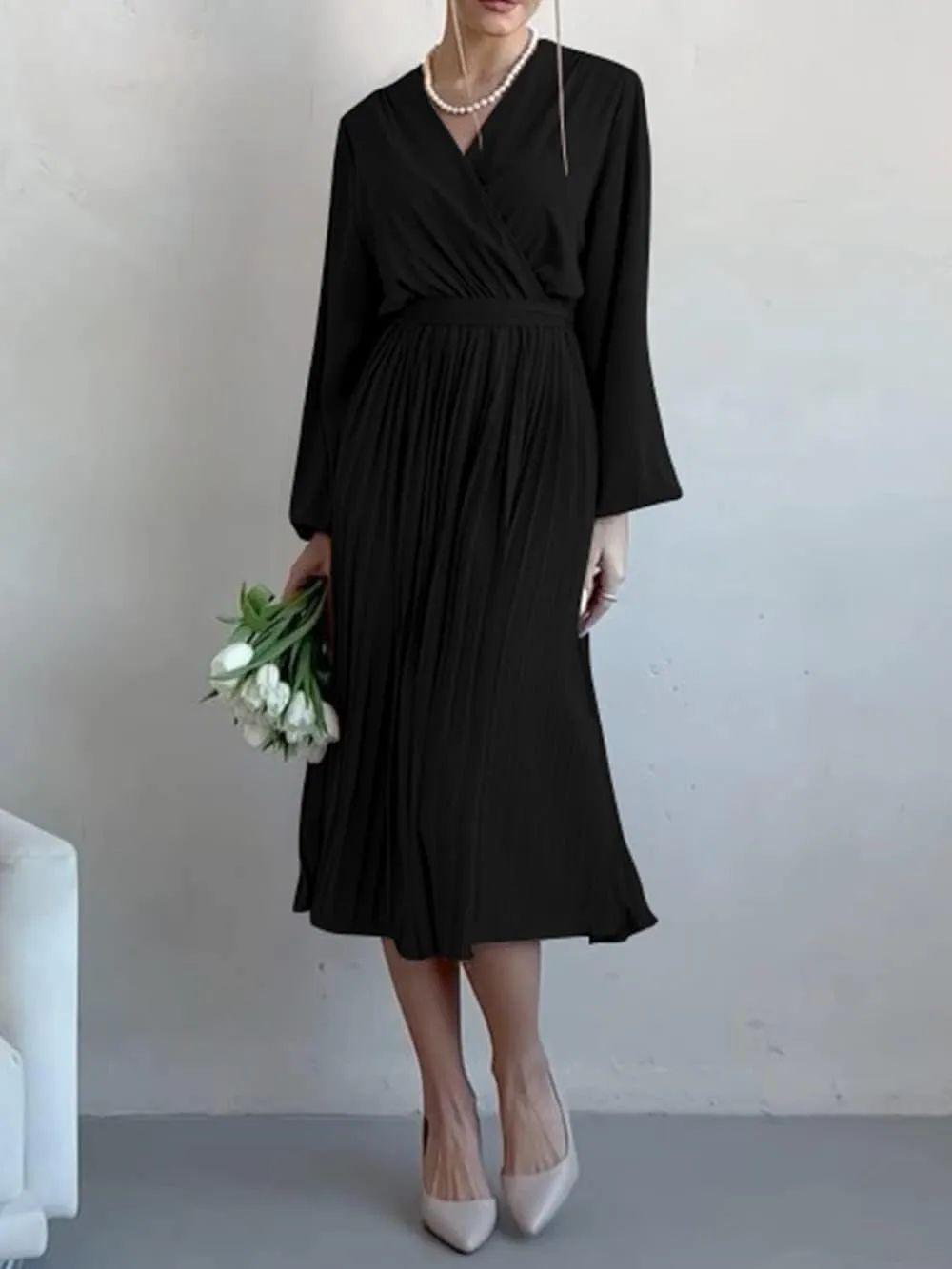 PRETTYGARDEN Women's Spring Midi Dress Long Puff Sleeve Wrap V Neck Flowy Ruffle Pleated Casual Fall Dresses