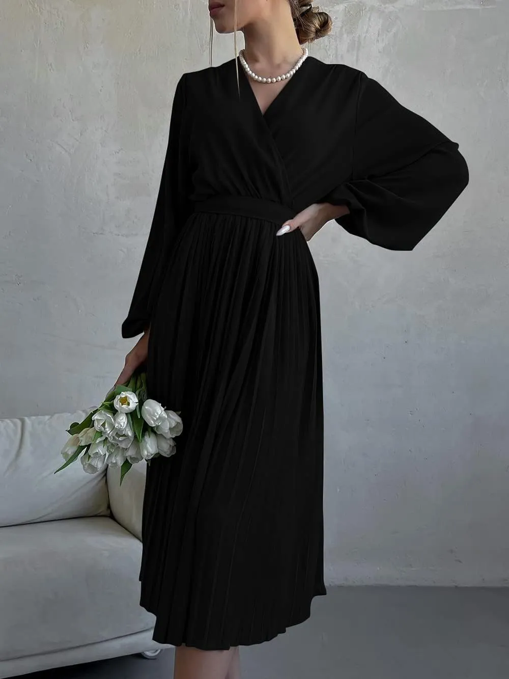 PRETTYGARDEN Women's Spring Midi Dress Long Puff Sleeve Wrap V Neck Flowy Ruffle Pleated Casual Fall Dresses