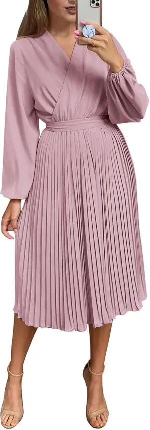 PRETTYGARDEN Women's Spring Midi Dress Long Puff Sleeve Wrap V Neck Flowy Ruffle Pleated Casual Fall Dresses