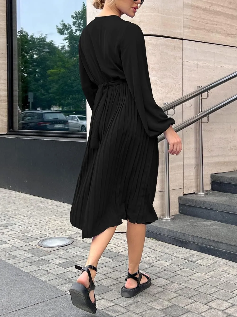 PRETTYGARDEN Women's Spring Midi Dress Long Puff Sleeve Wrap V Neck Flowy Ruffle Pleated Casual Fall Dresses