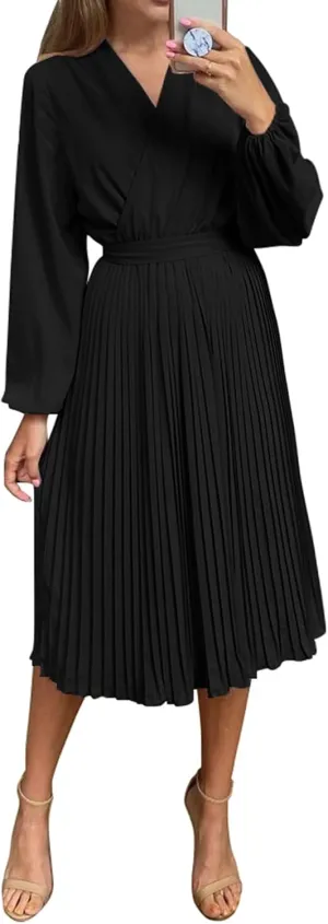 PRETTYGARDEN Women's Spring Midi Dress Long Puff Sleeve Wrap V Neck Flowy Ruffle Pleated Casual Fall Dresses