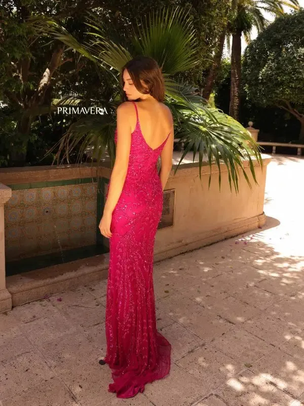 Primavera Couture 3793 Size 4 Neon Lilac Sequin Prom Dress Long V Neckline Fitted Sweeping Train