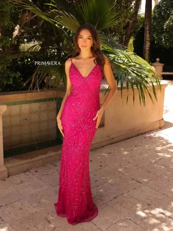 Primavera Couture 3793 Size 4 Neon Lilac Sequin Prom Dress Long V Neckline Fitted Sweeping Train
