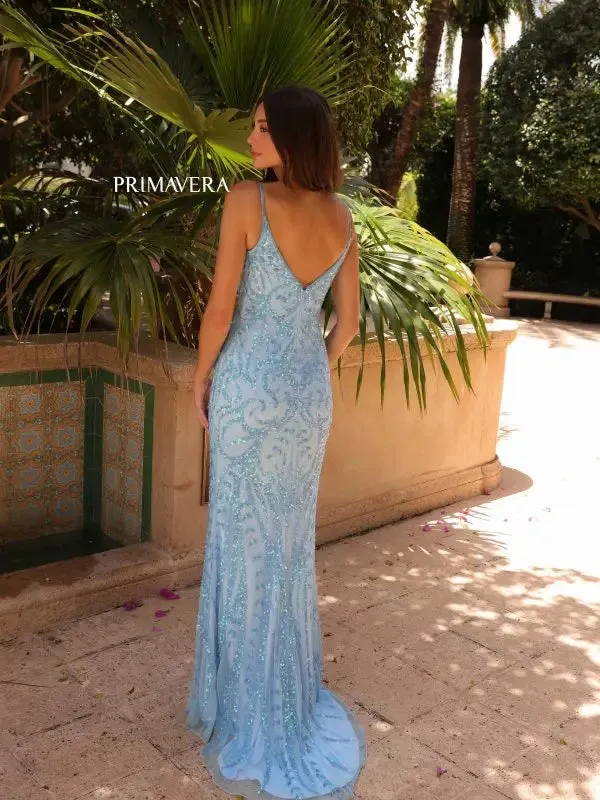 Primavera Couture 3793 Size 4 Neon Lilac Sequin Prom Dress Long V Neckline Fitted Sweeping Train