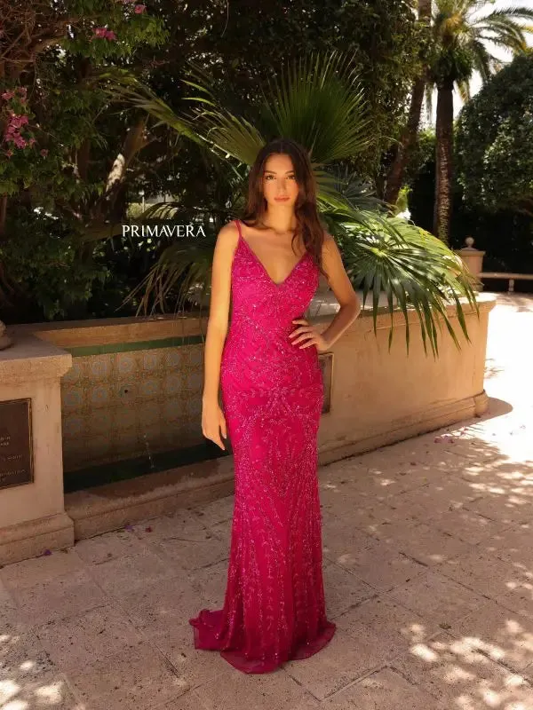 Primavera Couture 3793 Size 4 Neon Lilac Sequin Prom Dress Long V Neckline Fitted Sweeping Train