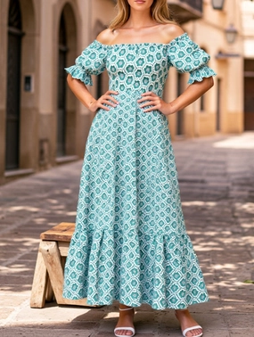 Printed Puffed Sleeve Maxi Swing Dress ??Elegant High-Waist Flowy Dress for All Seasons Printed Puffed Sleeve Maxi Swing Dress ??Elegant High-Waist Flowy Dress for All Seasons