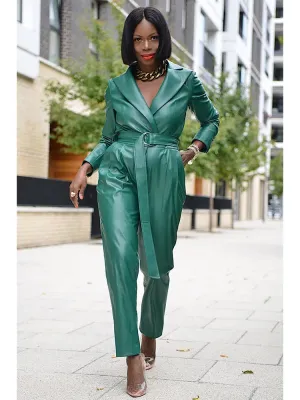 PU Leather Lapel Tie Waist Straight Tube Jumpsuit