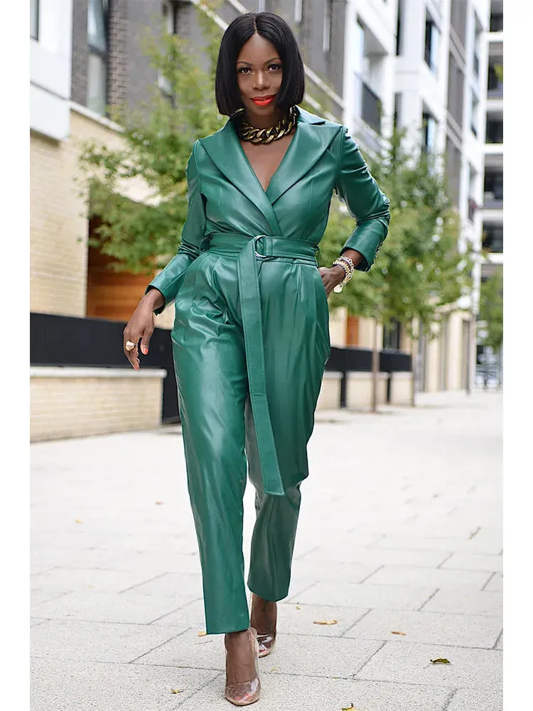 PU Leather Lapel Tie Waist Straight Tube Jumpsuit