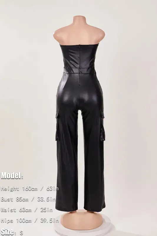 PU Leather Tube Top Deep Pocket Jumpsuit