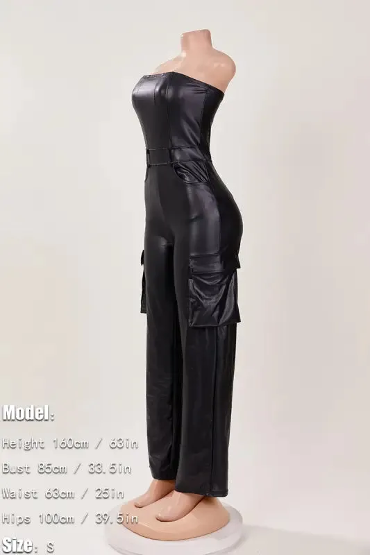 PU Leather Tube Top Deep Pocket Jumpsuit