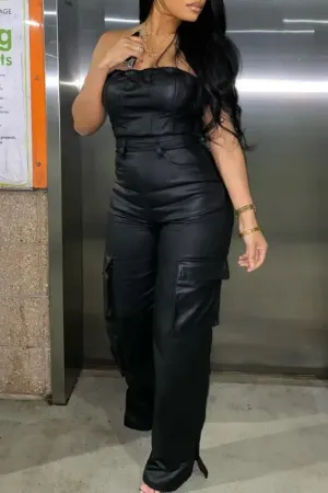 PU Leather Tube Top Deep Pocket Jumpsuit