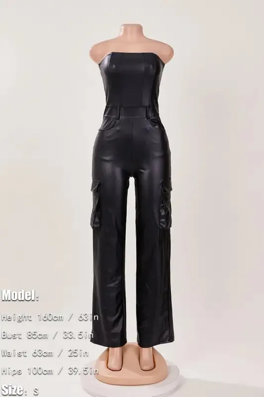 PU Leather Tube Top Deep Pocket Jumpsuit