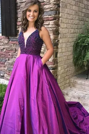 Purple A Line Beading V Neck Prom Gown With Pockets Cheap Formal Evening Dress PFP0600