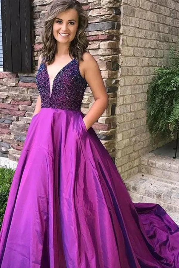 Purple A Line Beading V Neck Prom Gown With Pockets Cheap Formal Evening Dress PFP0600