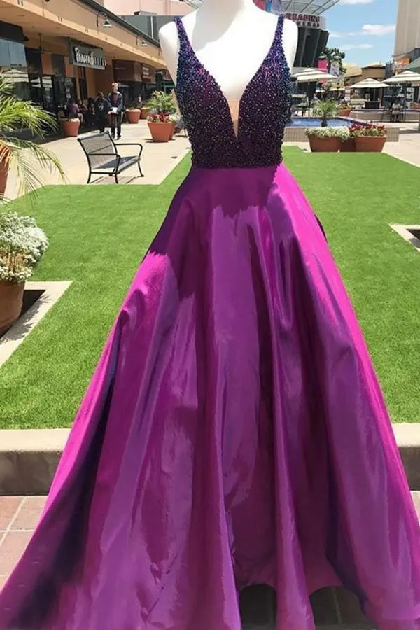 Purple A Line Beading V Neck Prom Gown With Pockets Cheap Formal Evening Dress PFP0600