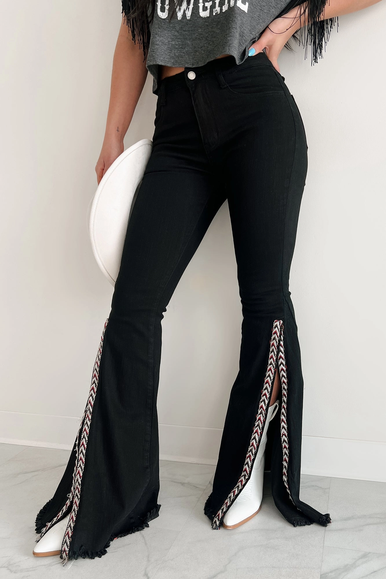 Quenlin Side Split Saints & Hearts Flare Jeans (Black)