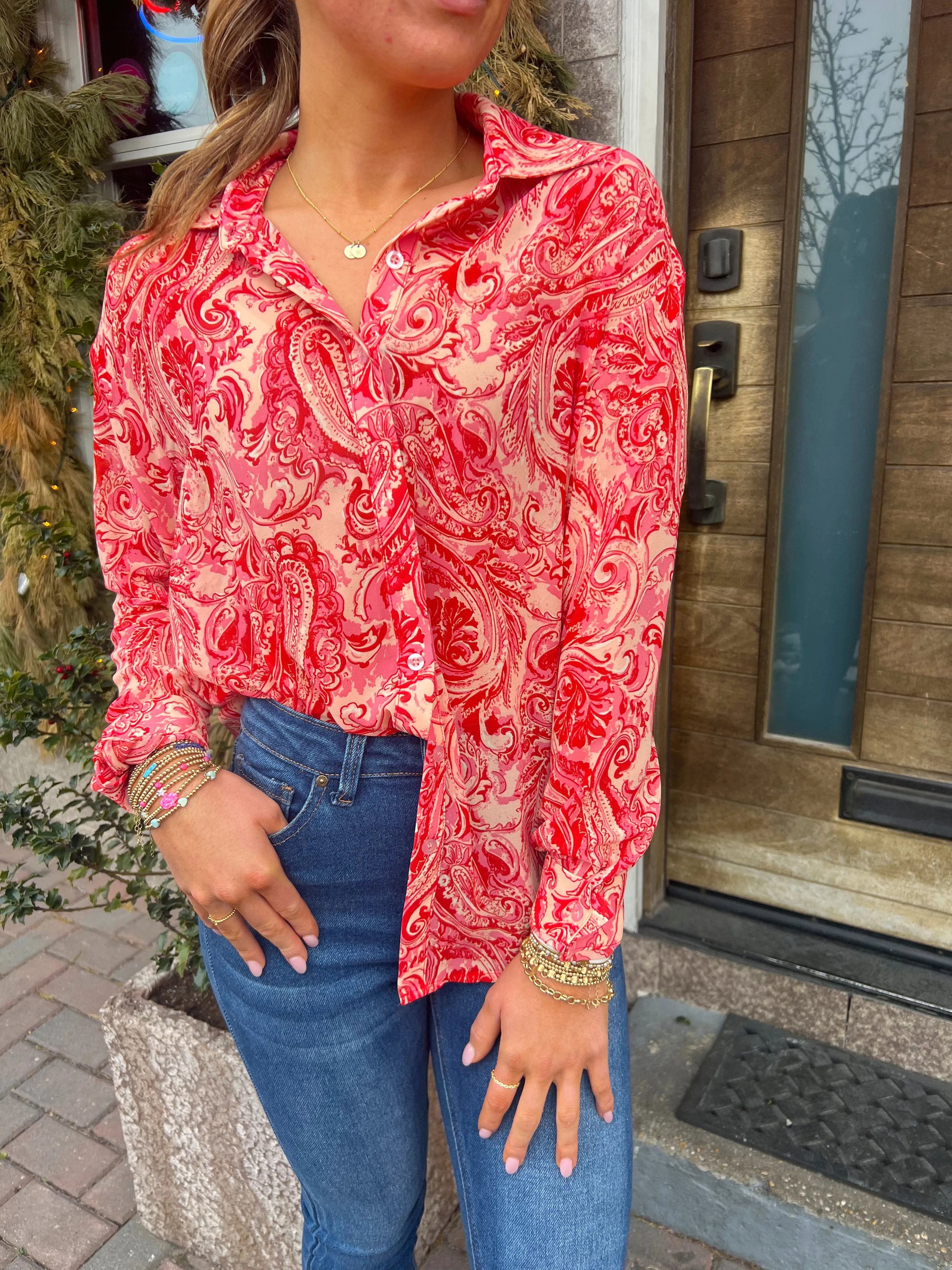 "Call It Love" Pink Paisley Long Sleeve Button Down Top