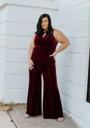 "Crisp Night" Red Velvet Jumpsuit - XL 