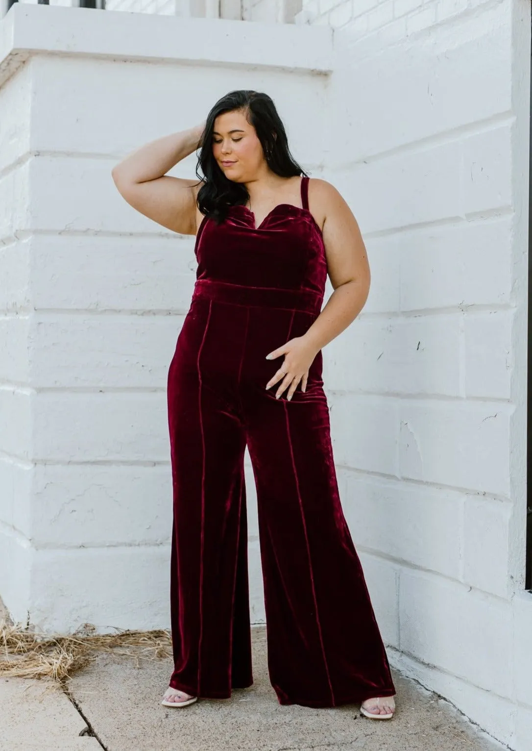 "Crisp Night" Red Velvet Jumpsuit - XL 