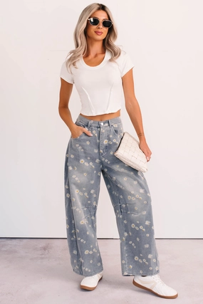 Rae Floral Stripe Wide Leg Barrel Jeans (Denim) Rae Floral Stripe Wide Leg Barrel Jeans (Denim)