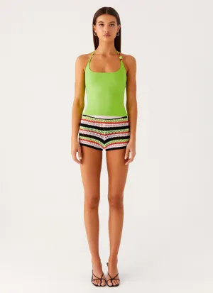 Rahnei Crochet Mini Shorts - Pink Green Black Stripe Rahnei Crochet Mini Shorts - Pink Green Black Stripe