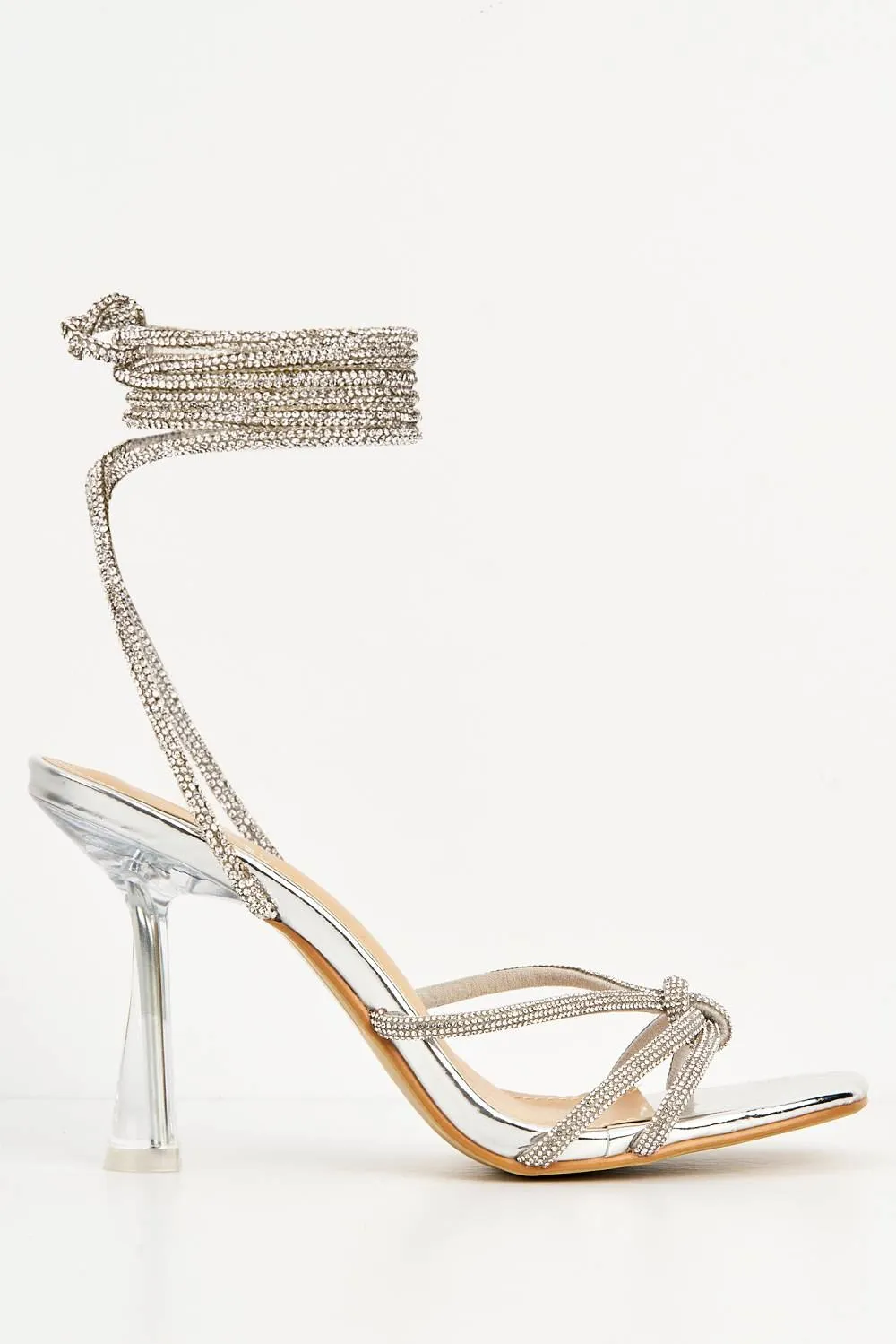Rama Diamante Embellished Lace-up Heels with Knot Detail in Silver