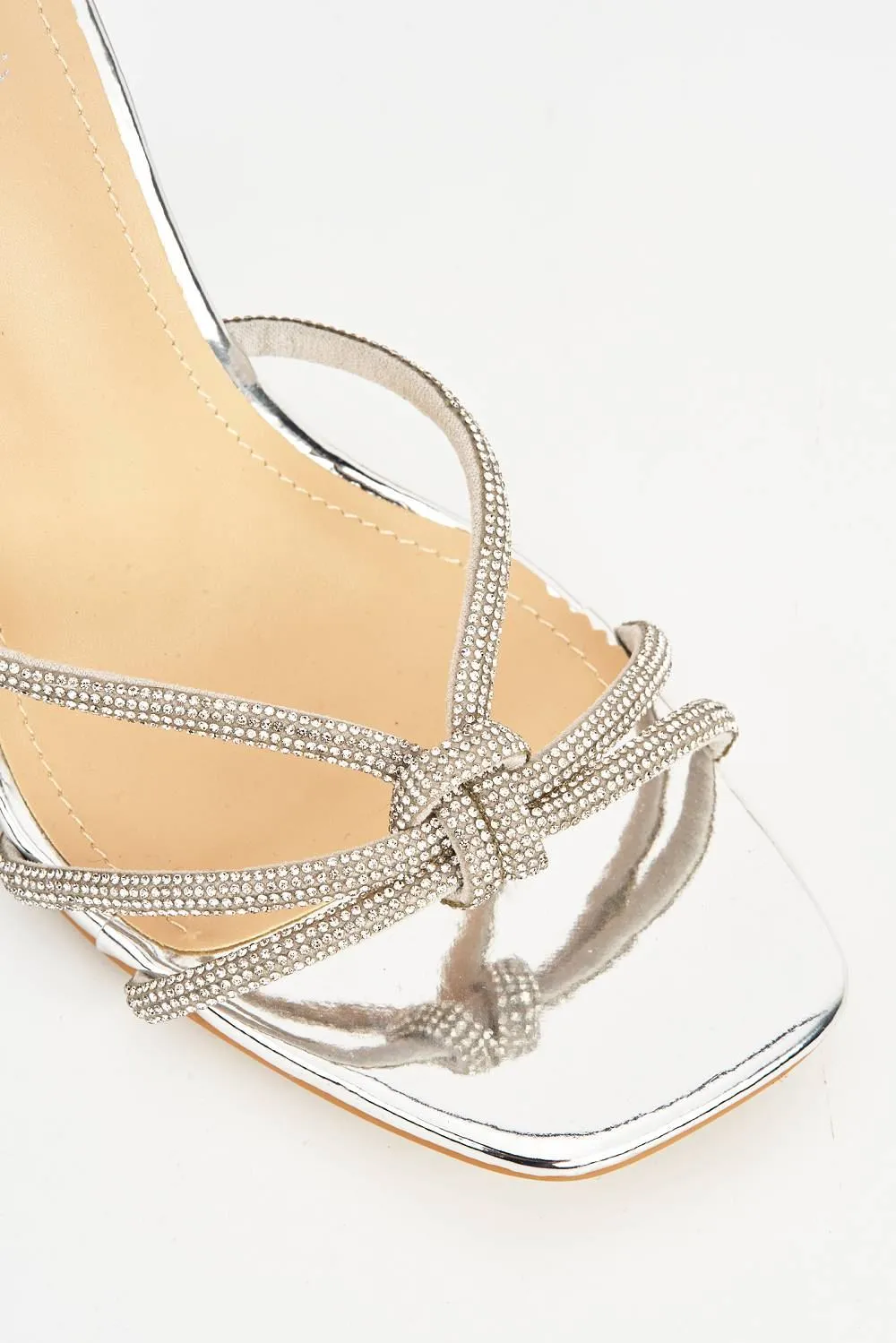 Rama Diamante Embellished Lace-up Heels with Knot Detail in Silver