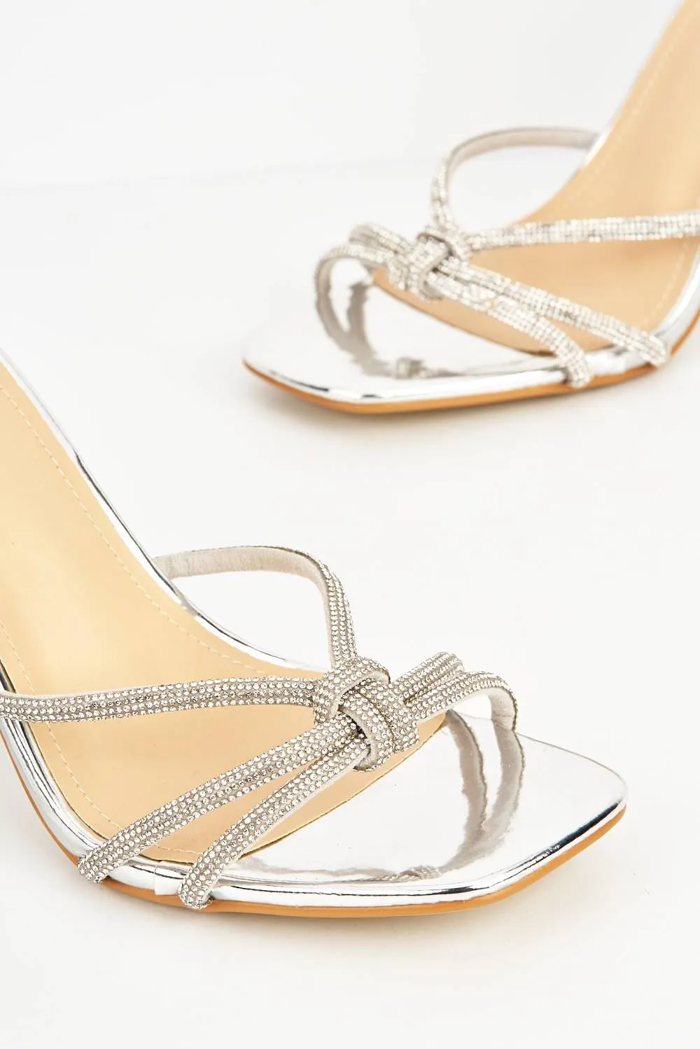 Rama Diamante Embellished Lace-up Heels with Knot Detail in Silver