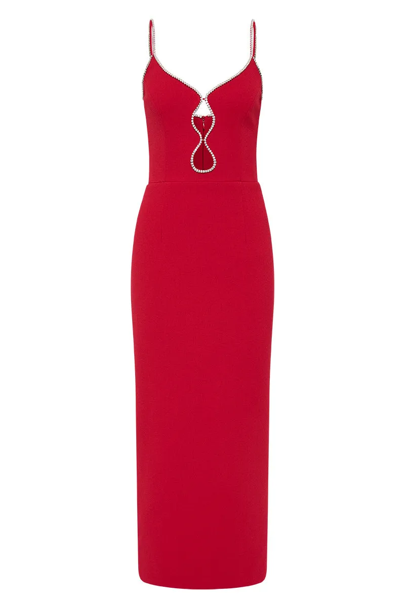 Re1682 Red Emebllished Midi Dress