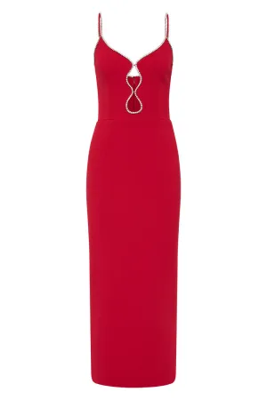 Re1682 Red Emebllished Midi Dress