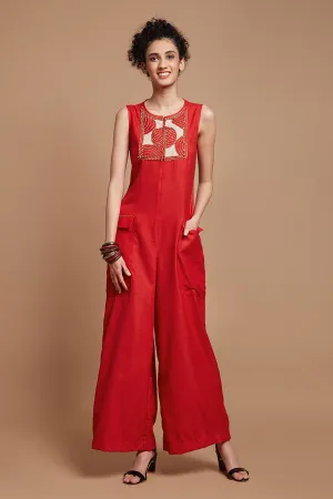 Red Embroidered Wide Legged Jumpsuit