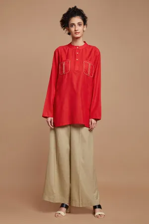 Red Kurta Tunic & Beige Pants Set