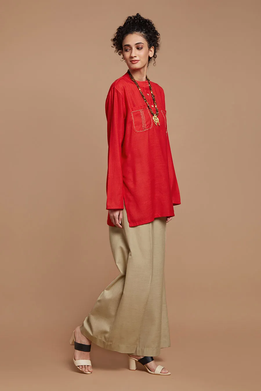 Red Kurta Tunic & Beige Pants Set