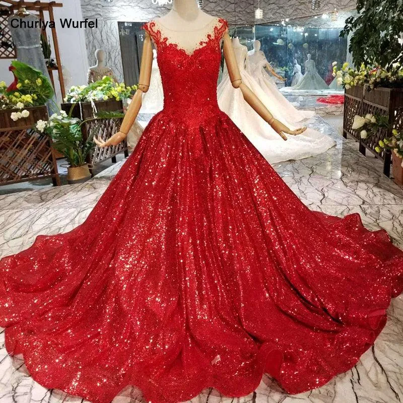 Red Reflective Sleeveless A-line Sparkly Formal Evening Dress