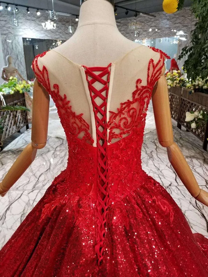 Red Reflective Sleeveless A-line Sparkly Formal Evening Dress