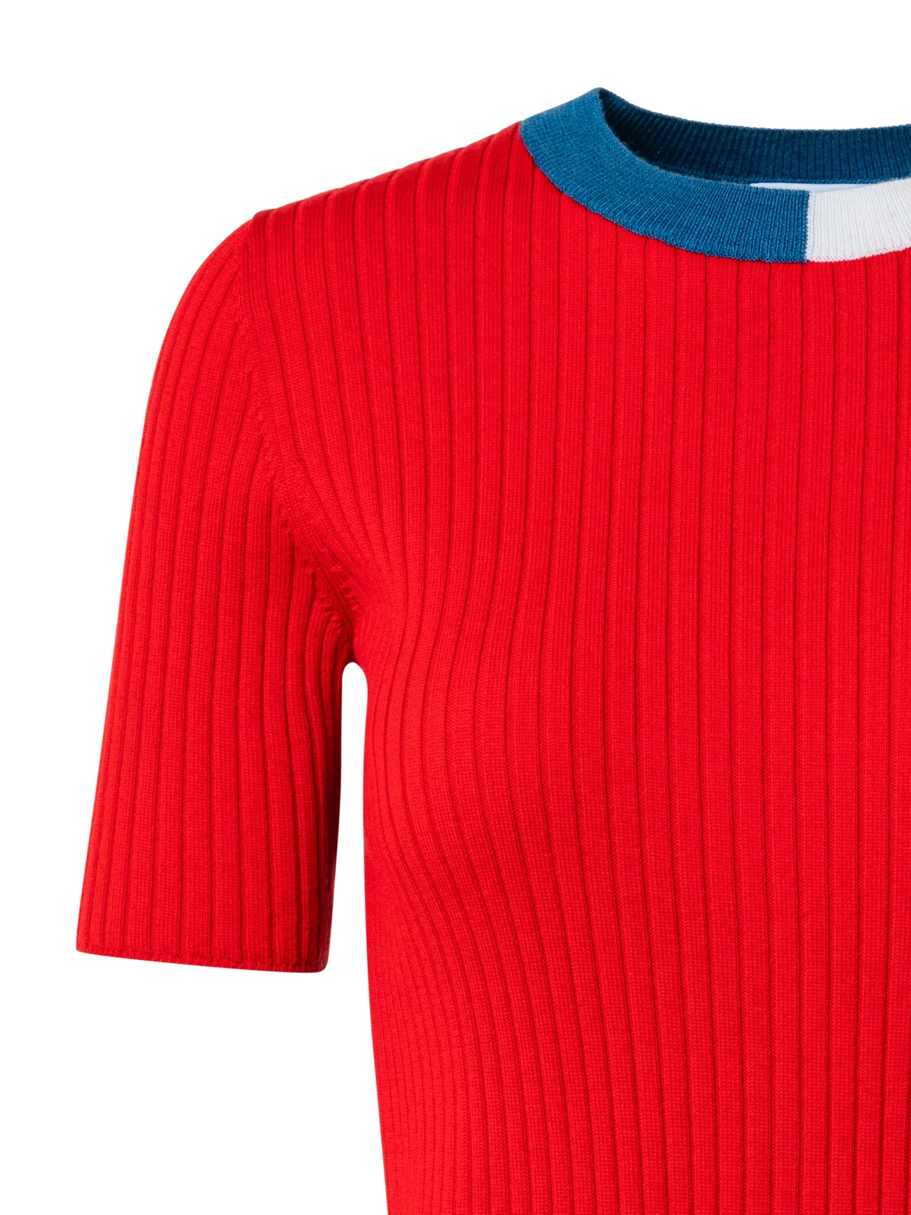 Red Wool Ribbed Short Sleeve Knit with Two Tone Red Blue Crew Top