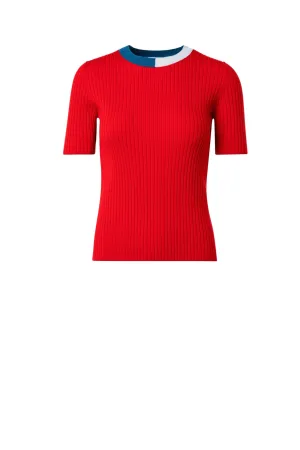 Red Wool Ribbed Short Sleeve Knit with Two Tone Red Blue Crew Top