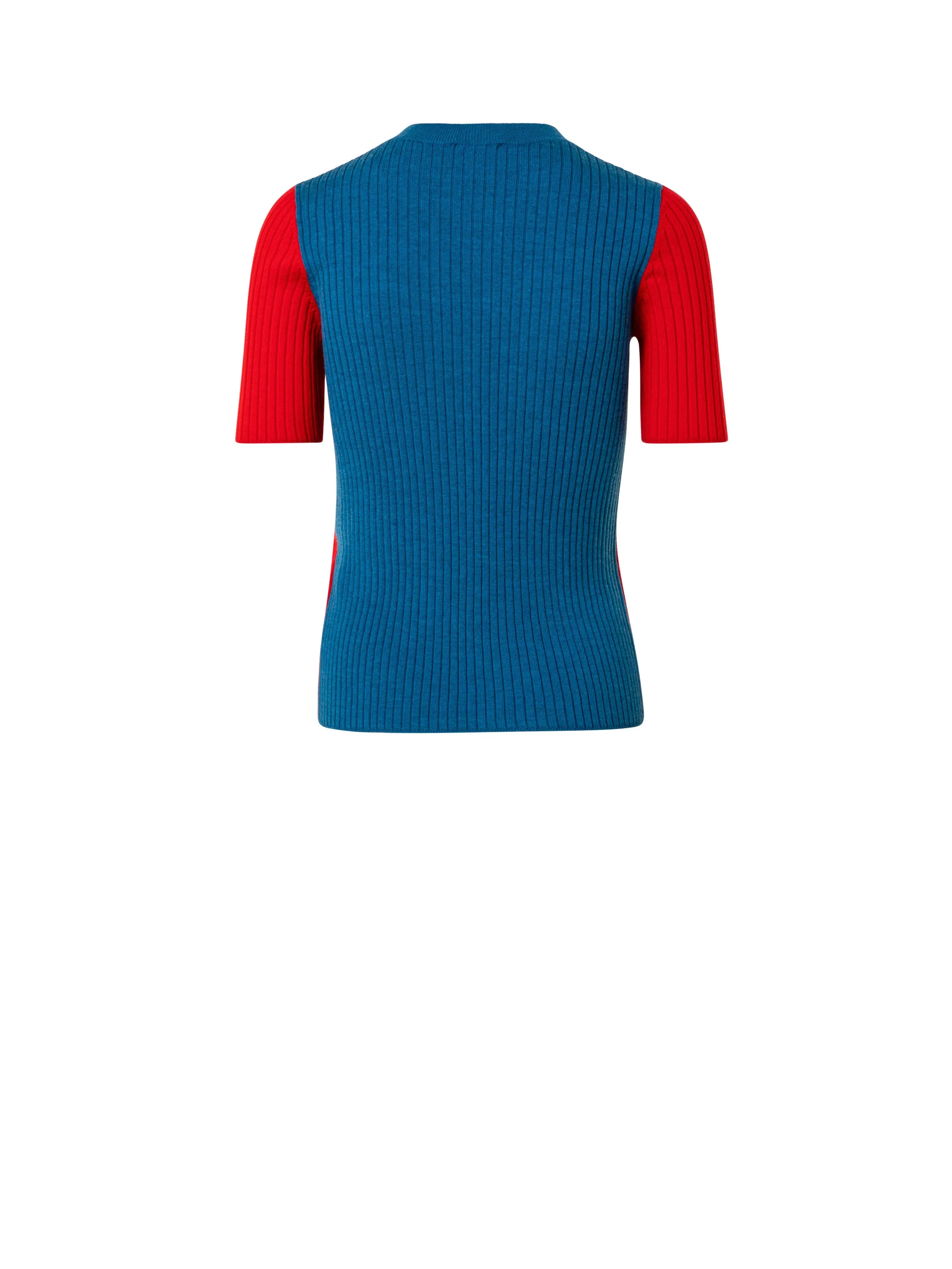 Red Wool Ribbed Short Sleeve Knit with Two Tone Red Blue Crew Top