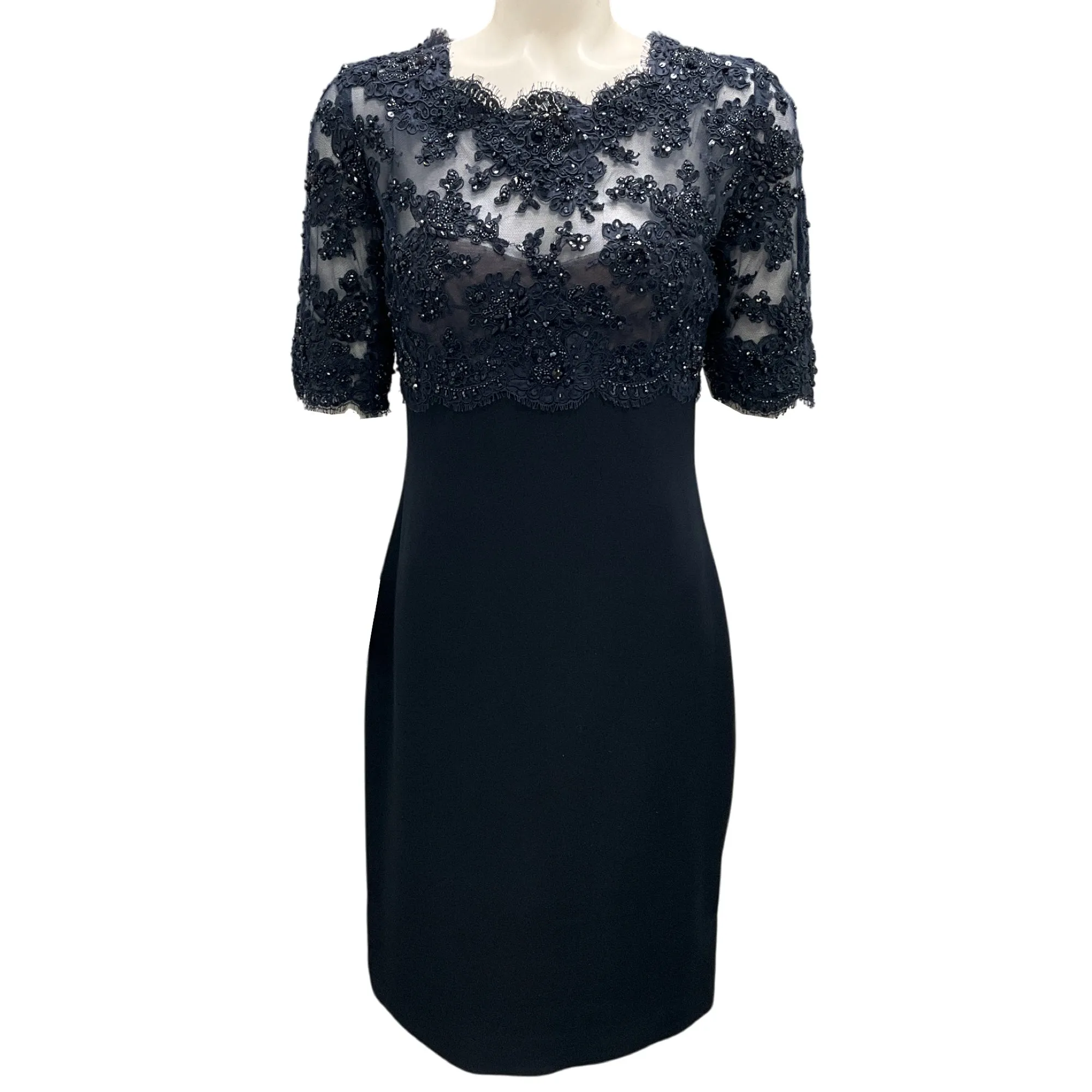Reem Acra Navy Blue Sequin and Bead Embellished Tulle Lace and Silk Cocktail Dress
