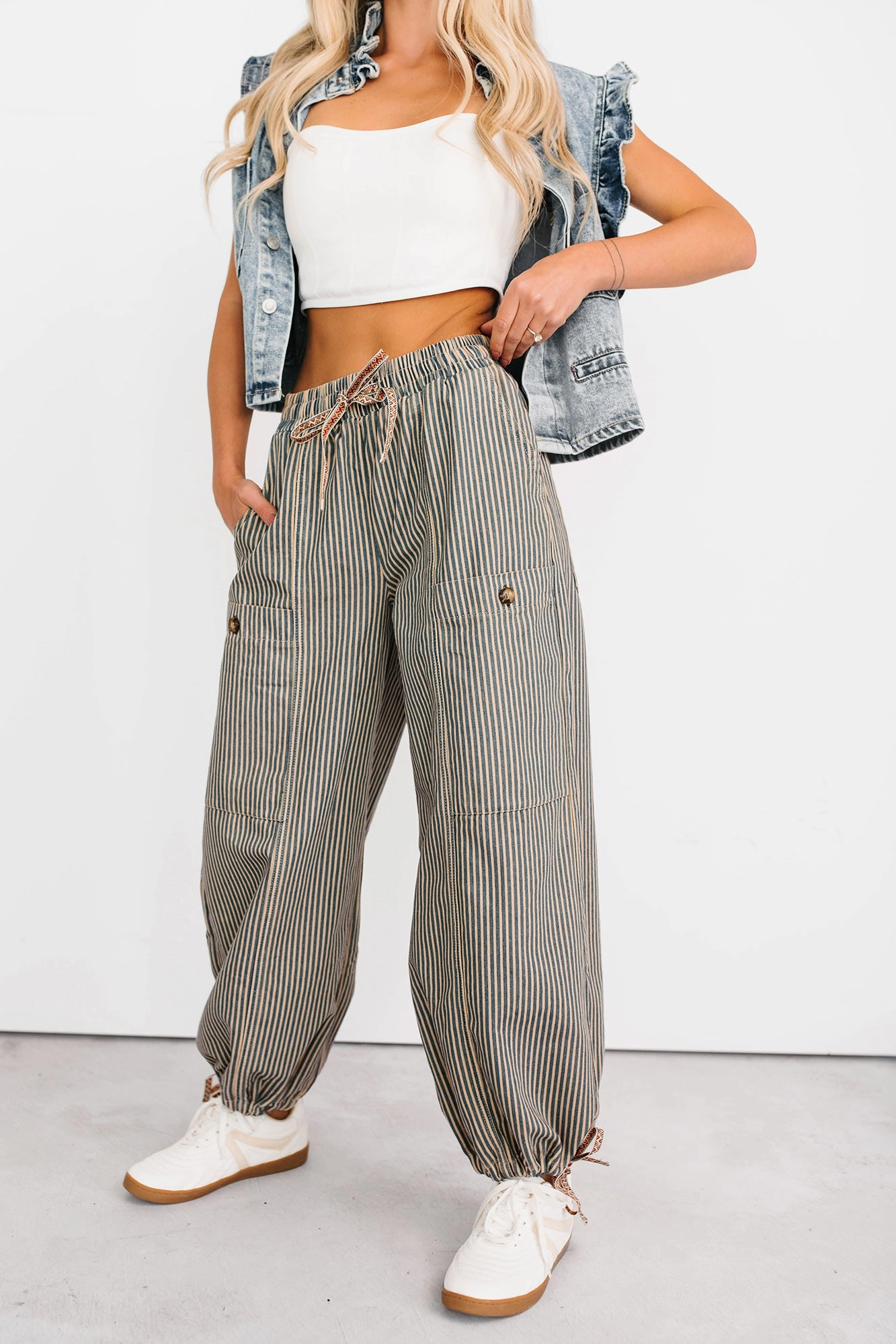 Restless Heart Striped Wide Leg Drawstring Pants (Latte)
