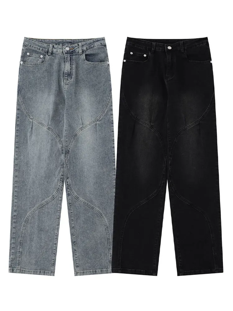 Retro Splicing Washed Wide-Legged Jeans
