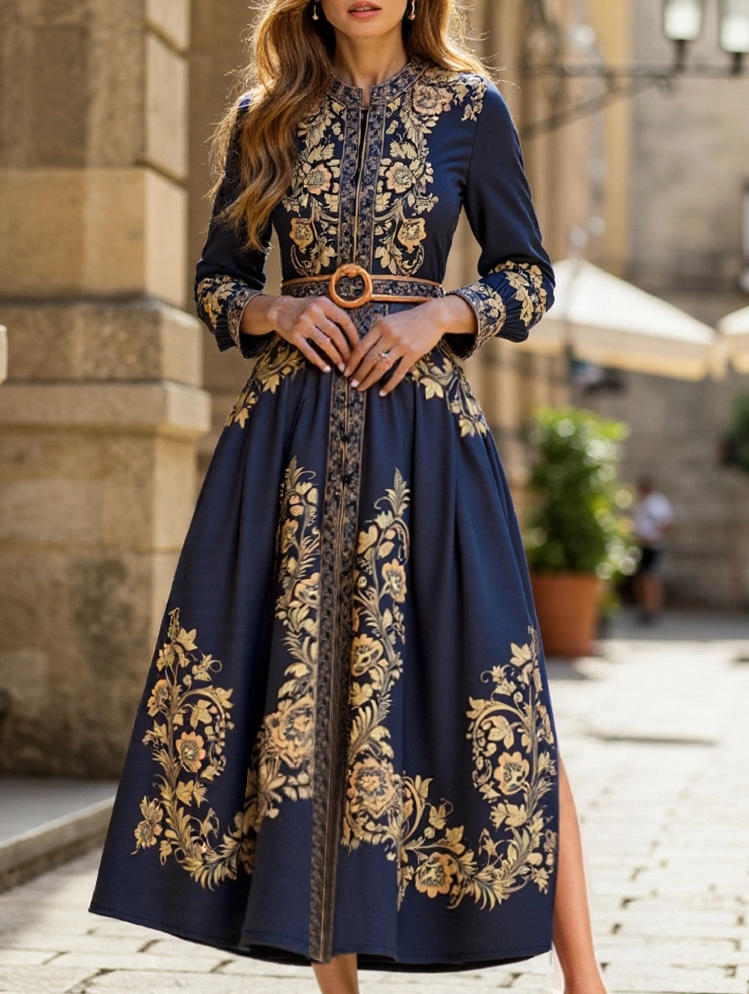 RETRO PALACE STYLE PRINT STAND COLLAR SLIT DRESS