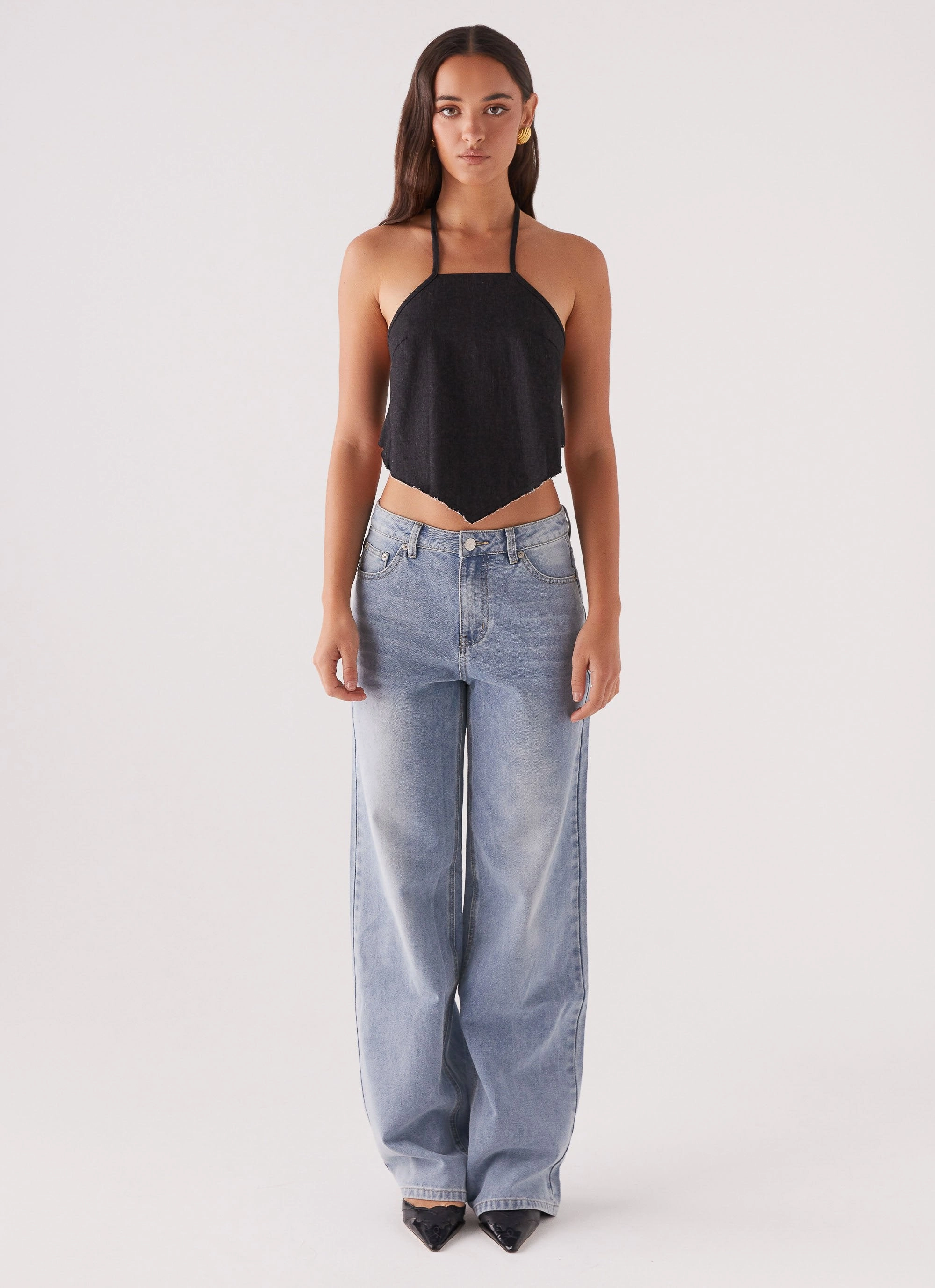 Rexi Halter Denim Top - Washed Black