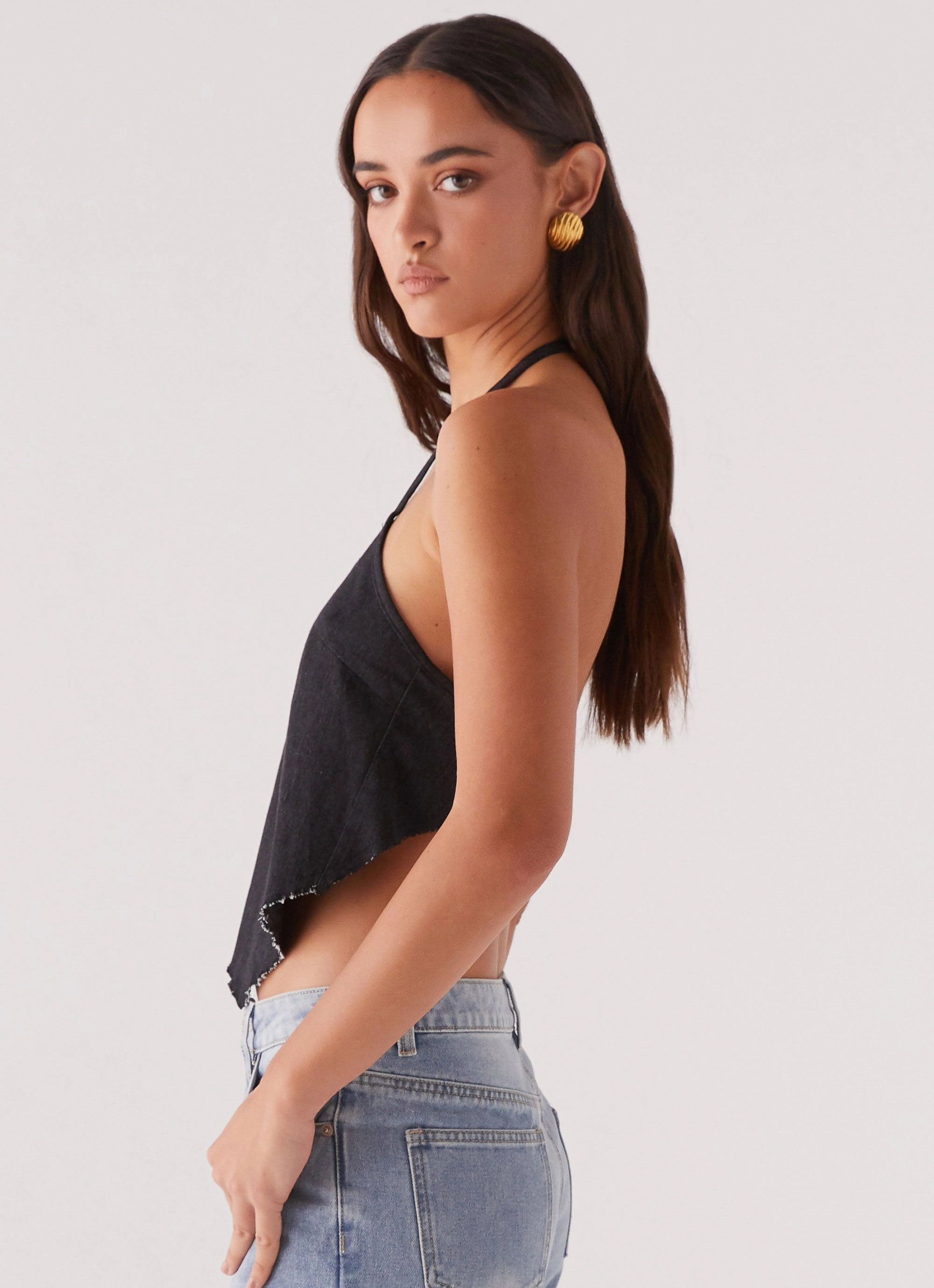 Rexi Halter Denim Top - Washed Black