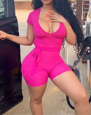 Ribbed Bodycon Rompers with Belt
