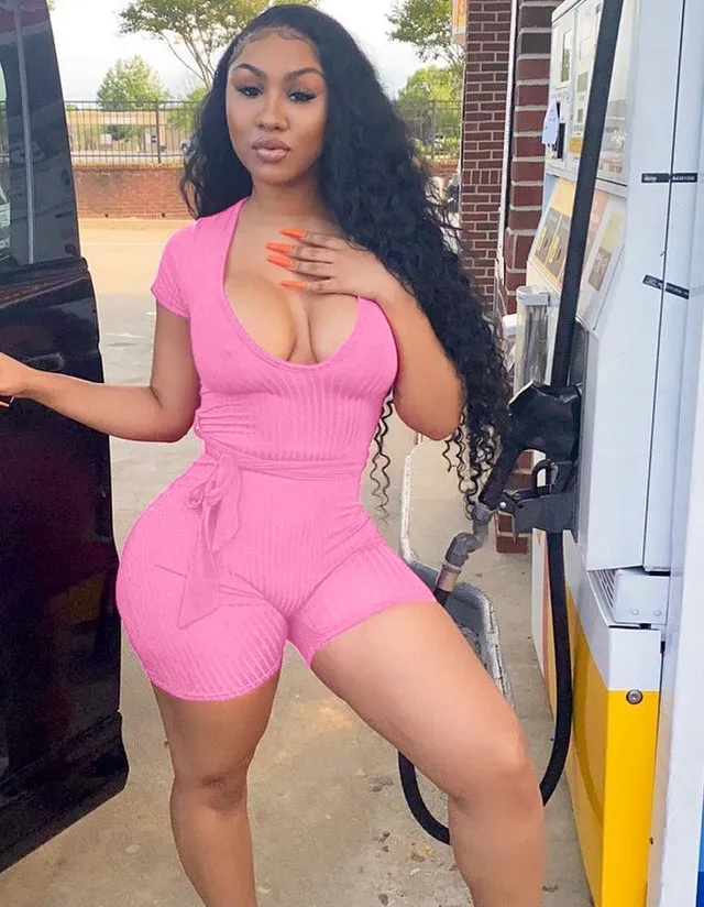 Ribbed Bodycon Rompers with Belt