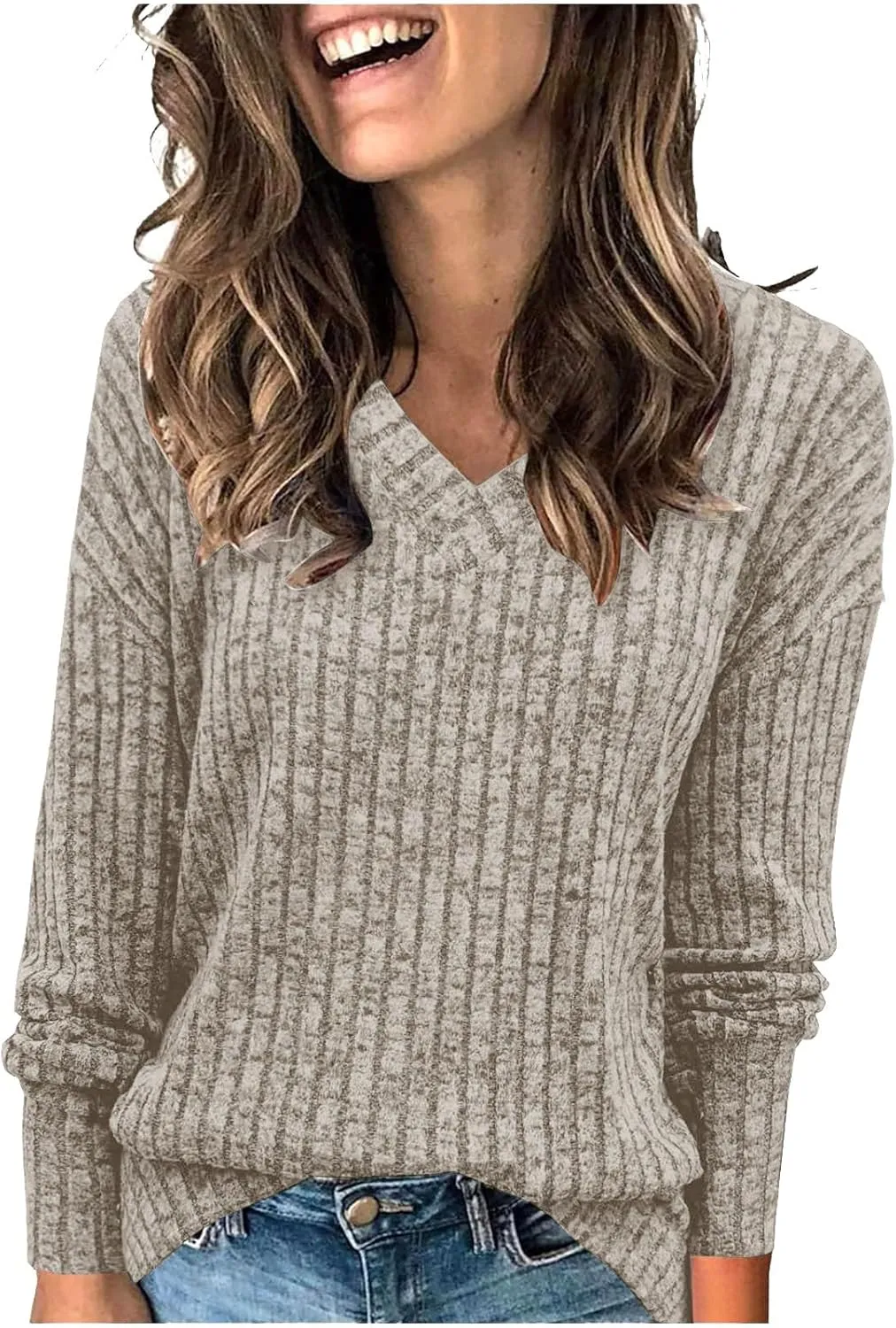 Ribbed Long Sleeve Tops for Women Casual Comfy Solid V Neck Pullover Tunics Tops Spring Fashion Loose Fit T Shirts