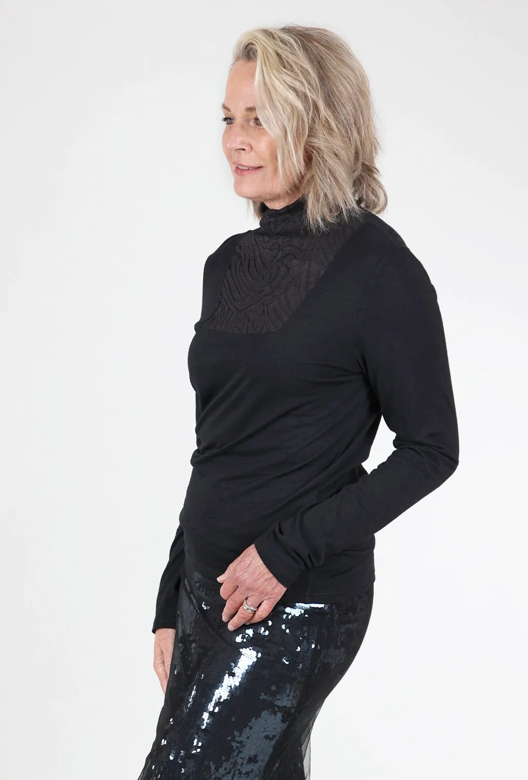 Riverbed Inset Tneck Sweater, Black